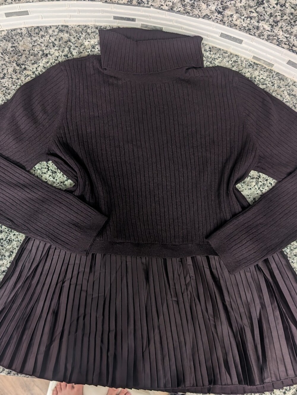 Nine West Ribbed Turtleneck Sweater with Pleated Hem - Dark Plum